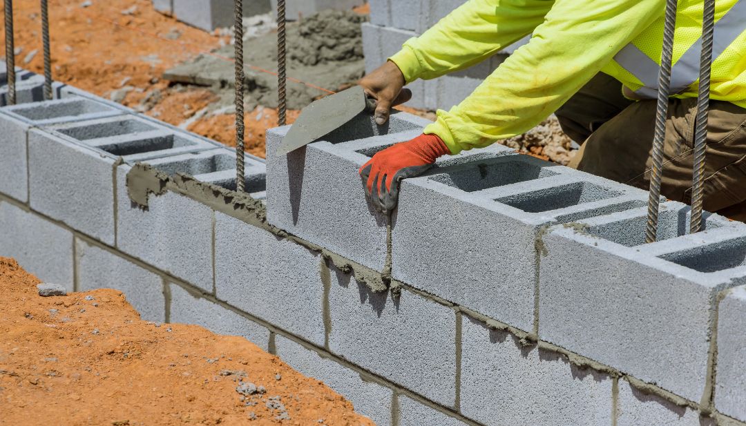 Albañil aplicando cemento de albañilería en muro de ladrillos